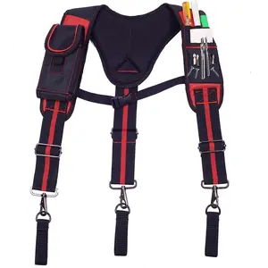 Tool Belt Suspenders Padded Carpenter Construction Electrician Work Suspender with Pockets, Tool Pouch Suspenders for Men (Red Y)