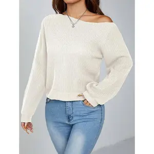 Pullover Slanted Shoulder Ribbed Women's Sweater,Long Sleeve Tops,Off The Shoulder Sweater In Fall/Winter