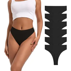 High Waist Thong Underwear Women Ribbed Cotton Tummy Control Thongs Panties Size S-4XL Pack 6