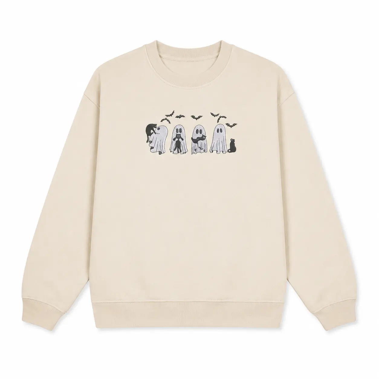 Ghost and Black Cat Embroidered Halloween Sweatshirt – Cute Spooky Design with Bats and Four Playful Ghosts, Cozy Unisex Fall Pullover Perfect Halloween Outfit or Fall Birthday Gift