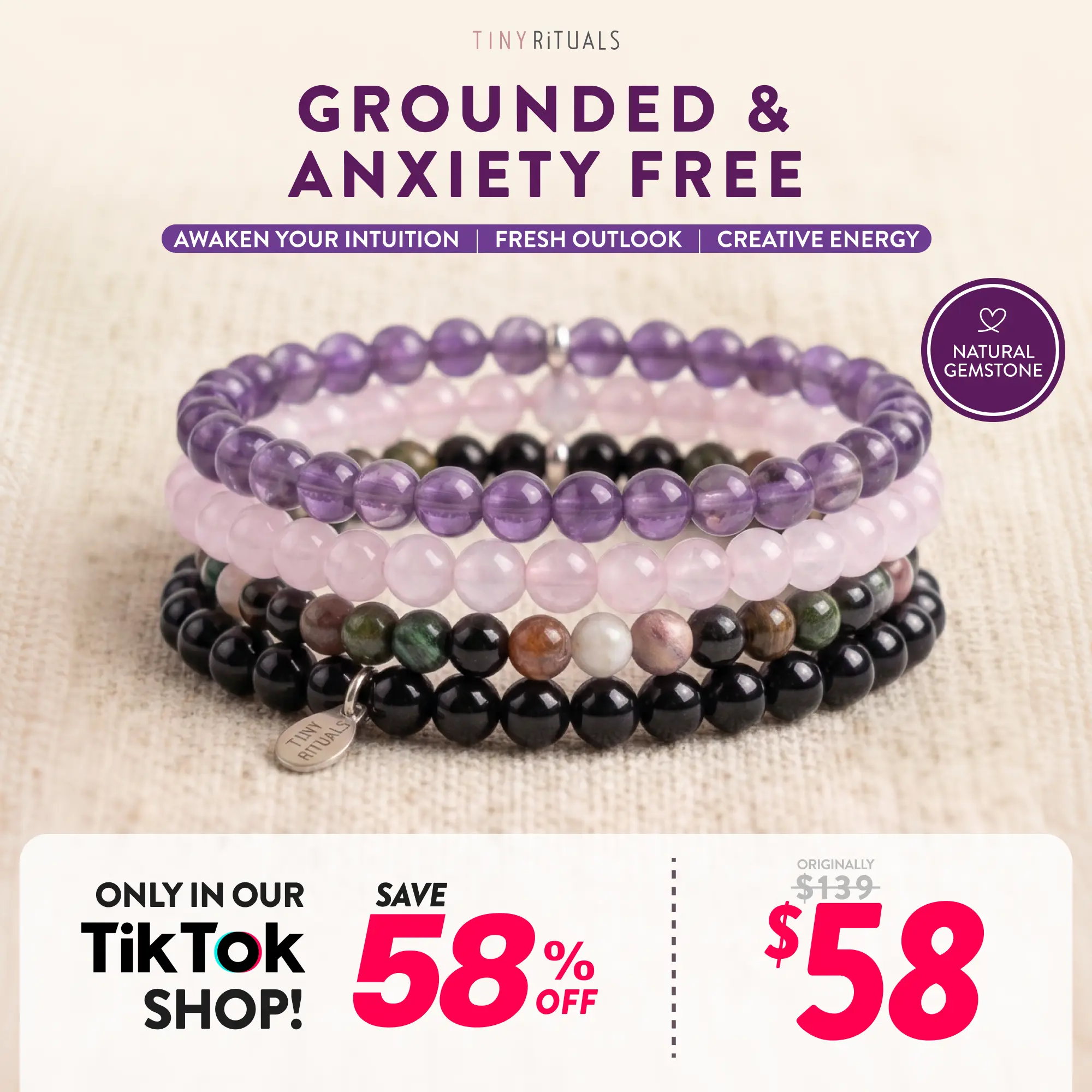 TINY RiTUALS Grounded & Anxiety Free Semiprecious Stone Bracelet-Anklet Pack, Jewelry Accessory for Stress Relief