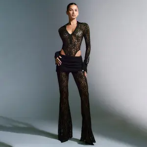 CELOT KEVER Lace Patchwork Deep V Long Sleeve Top & High Waist Flared Pants Set for Women See-through Design Adjustable Collars Comfortable Clothes - Womenswear