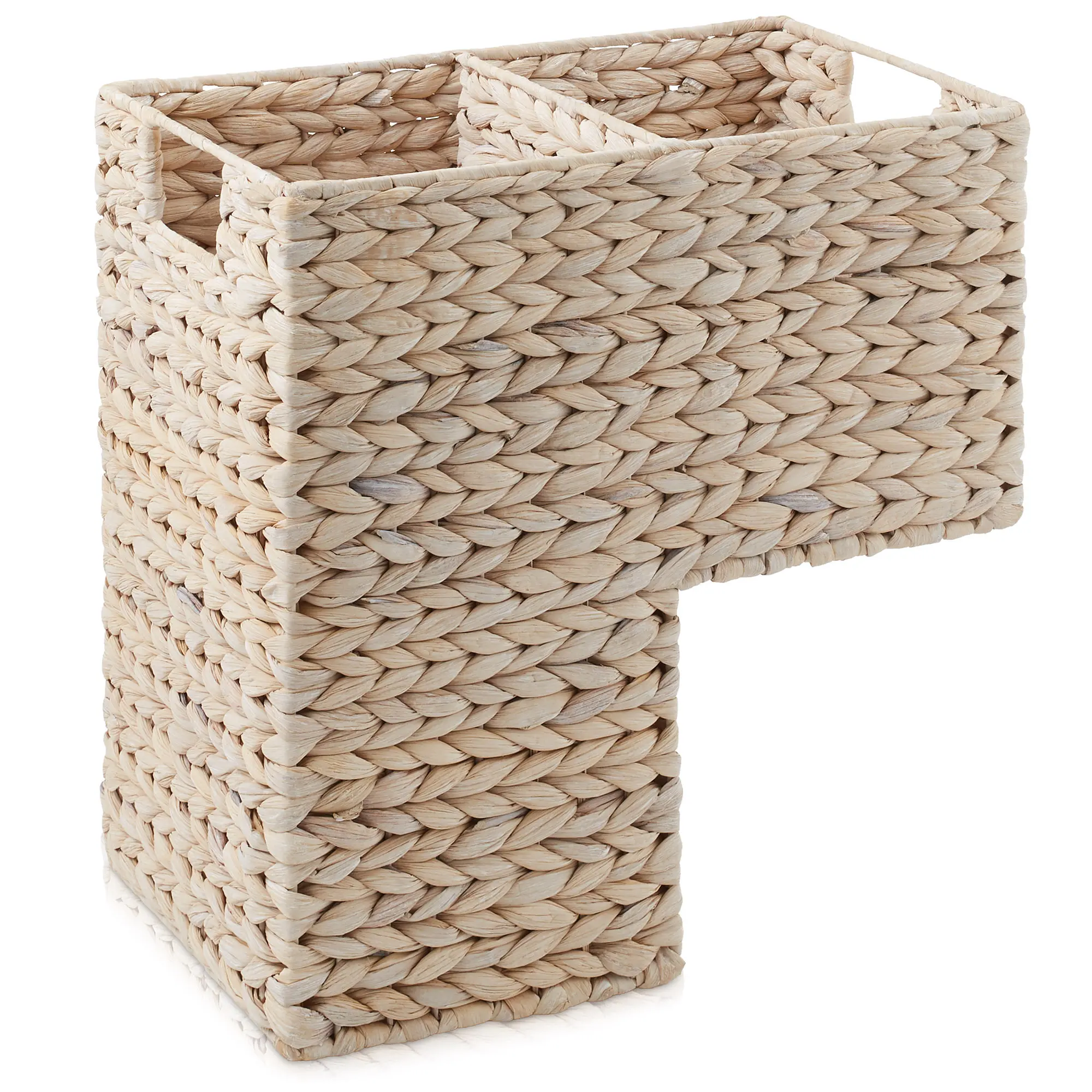Casafield Stair Step Basket with Handles, Whitewash Water Hyacinth, Woven Wicker Staircase Basket Storage Bin Organizer