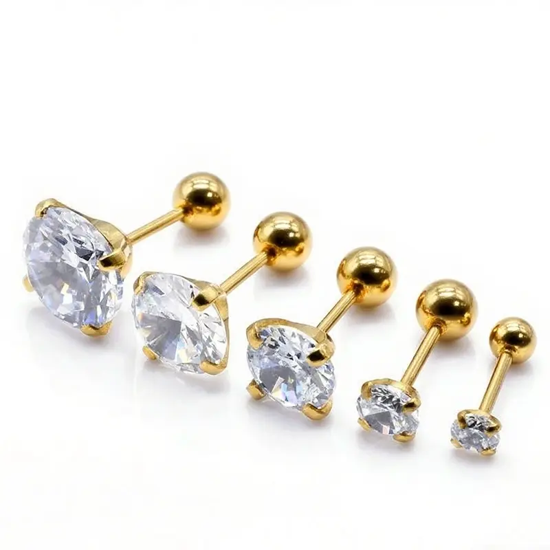 Women's 18K Plated Ear Cartilage Studs - 6-Pack Cubic Zirconia Gold Studs with 4-Prong Secure Setting, Round Ball Twist, Fuss-Free Piercing Jewelry (1 Pair 3mm, 3 Pairs/Set: 3mm+4mm+5mm), Minimalist Chic Accent