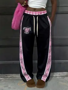 Women's Sporty Casual Sweatpants with Stripes and Logo Design, Fashionable Comfort Fabric, Perfect for Trendy Girls, Daily Wear and Outdoors