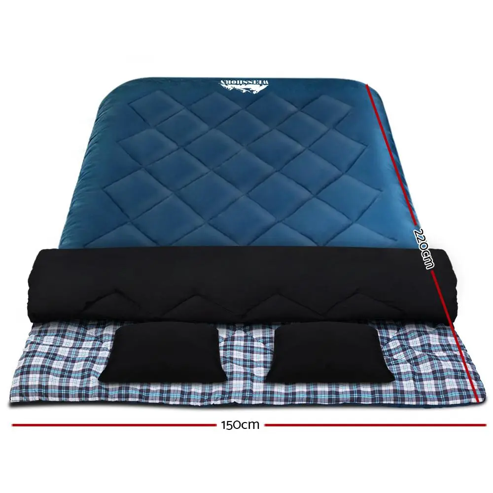 Weisshorn Double Sleeping Bag with 2 Pillows & Carry Bag 190T Polyester Ripstop 300g Hollow Fiber Filling Waterproof for Camping Hiking Blue