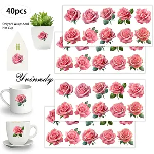 40Pcs/set Pink Rose Iron On Stickers For Cup Be Waterproof UV DTF Printable Vinyl Paper Fun Designs Durable Construction Long-Lasting Adhesion Must-Have For Craft Enthusiasts Cups Mugs Sticker Sold Only Sticker Not Cup