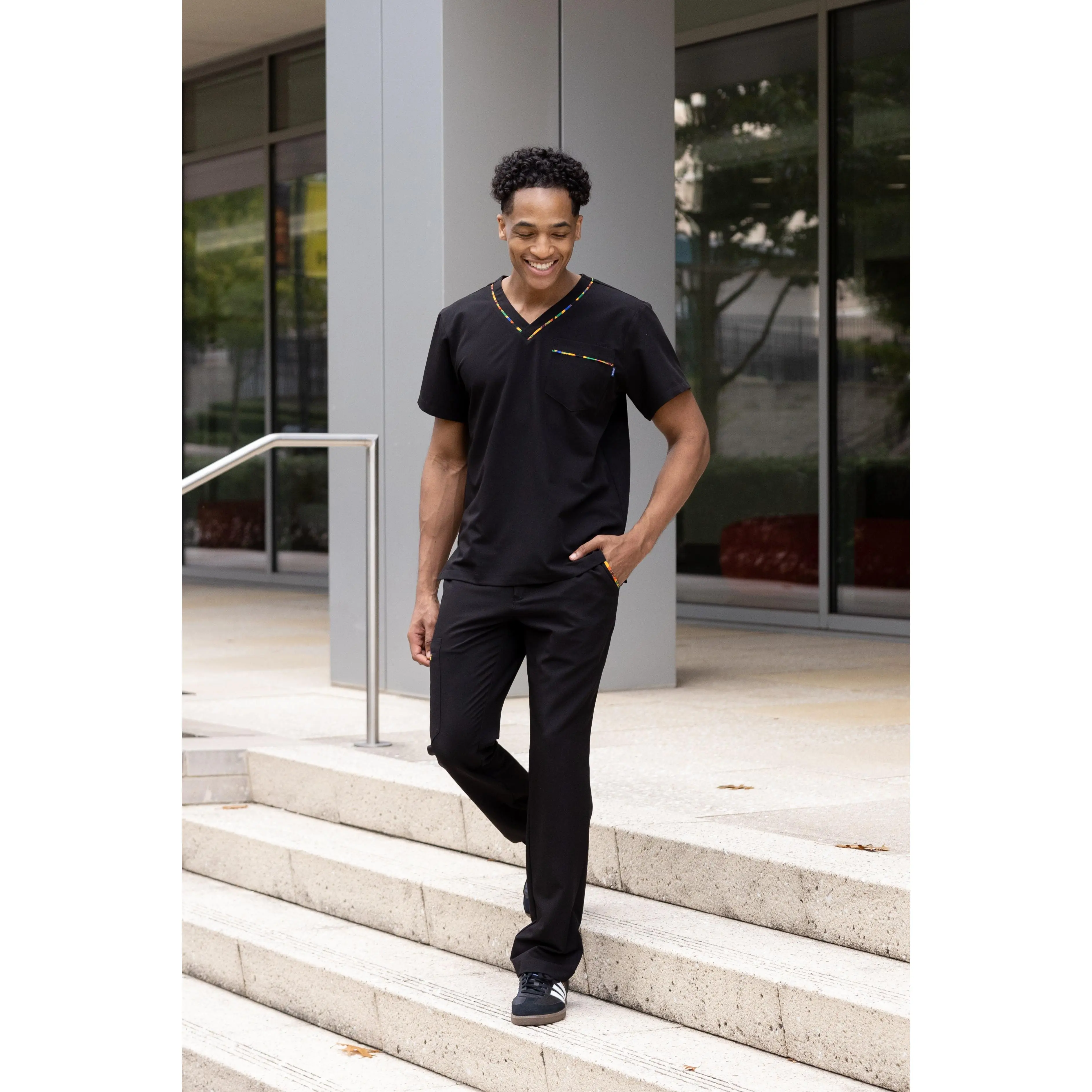Heritage Pop Men's Cargo Scrub Pants - Black, Drawstring, Elastic Waist, Cold Wash Compatible, Do Not Bleach, Healthcare Work, Signature Print Detail, Tumble Dry, Fitted, Fabric, Straight, Stretch, Breathable, Matching, Menswear, Pocket, Set, Cargo Pants,