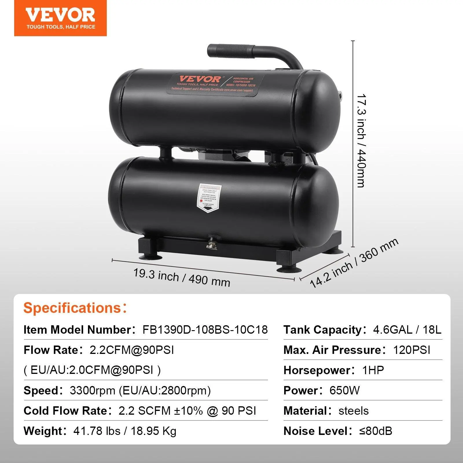 4.6 Gallon 650W 2.2 CFM@ 90PSI 80 dB