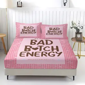 Pink Sweet Cool Style Printed 3-Piece Fitted Sheet Set, Including 2 Coreless Pillowcases, Strong Wrapping, "BAD B*Tch Energy" Letter Print Set, Bold Print, Stylish and Durable, Soft and Comfortable Bedroom Bedding