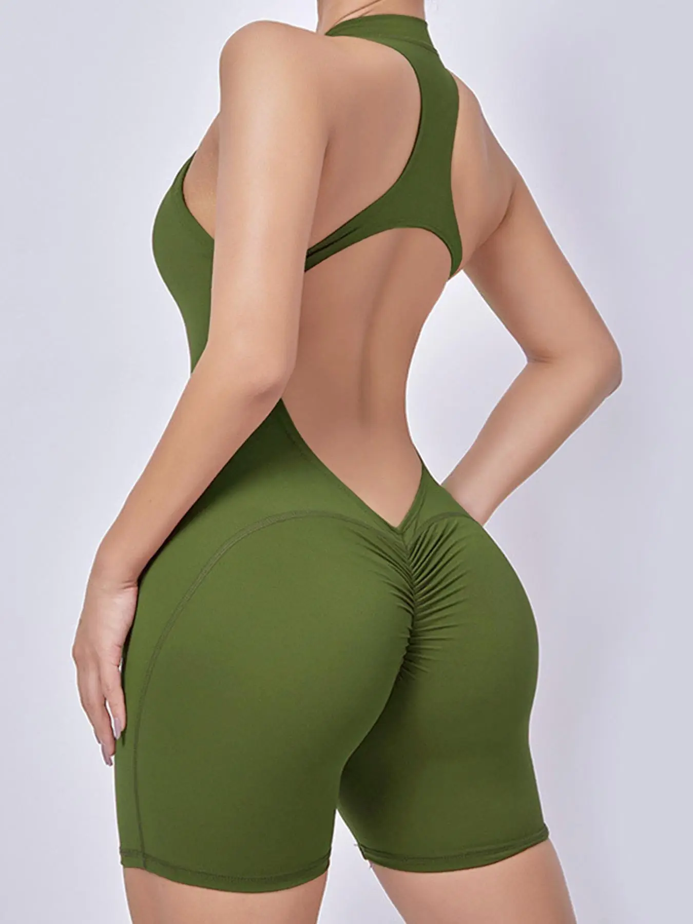 Sexy Hollow Backless Scrunch Butt Sport Jumpsuit Short Woman One Piece Gym Outfit Sleeveless Zipper Fitness Overalls Yoga Romper