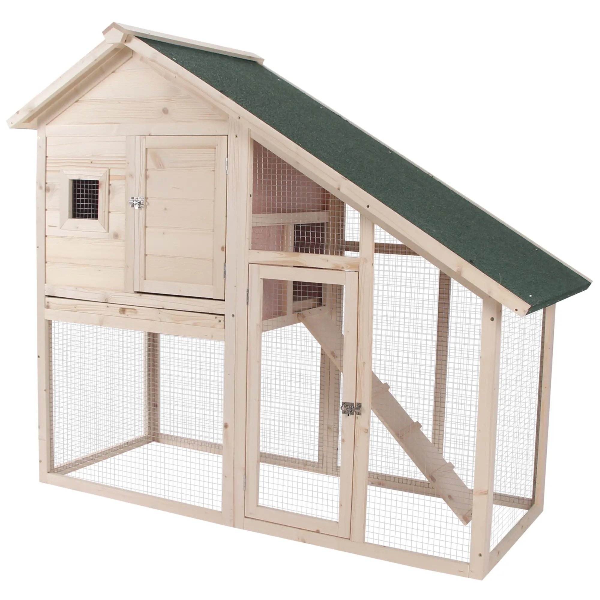55" 2-Tier Rabbit Hutch – Upper Rest Area & Lower Run. Asphalt Roof, Fir Wood & Mesh Wire. Anti-Slip Ramp, Slide-Out Tray. 55" L x 25.5" W x 48" H