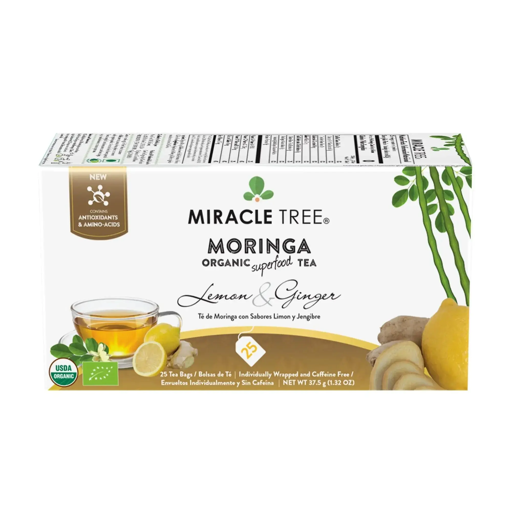 Miracle Tree Organic Moringa Tea Lemon & Ginger Caffeine-Free Herbal Tea USDA Certified Natural Zesty Spice Nutrient-Rich Beverage