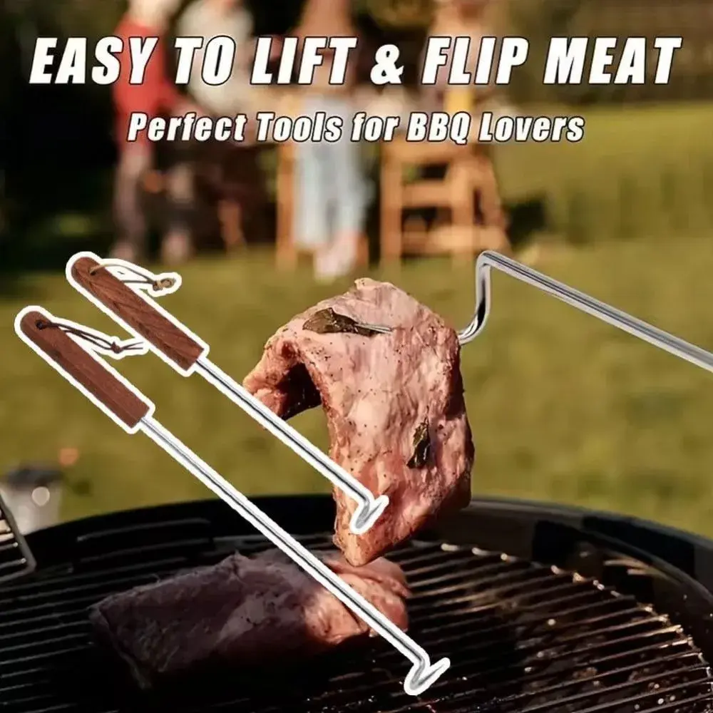 New Durable High Quality Stainless Steel Meat Turner Hook BBQ with Wooden Handle Meat Hook Food Flipper Hook Cooking Grilling NONE