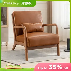 EBELLO Mid-Century Lamb Wool Chair | Upholstered Living Room Chair with Waist Pillow | Sunroom Relax Spot | wooden chair Solid Wood Armchair