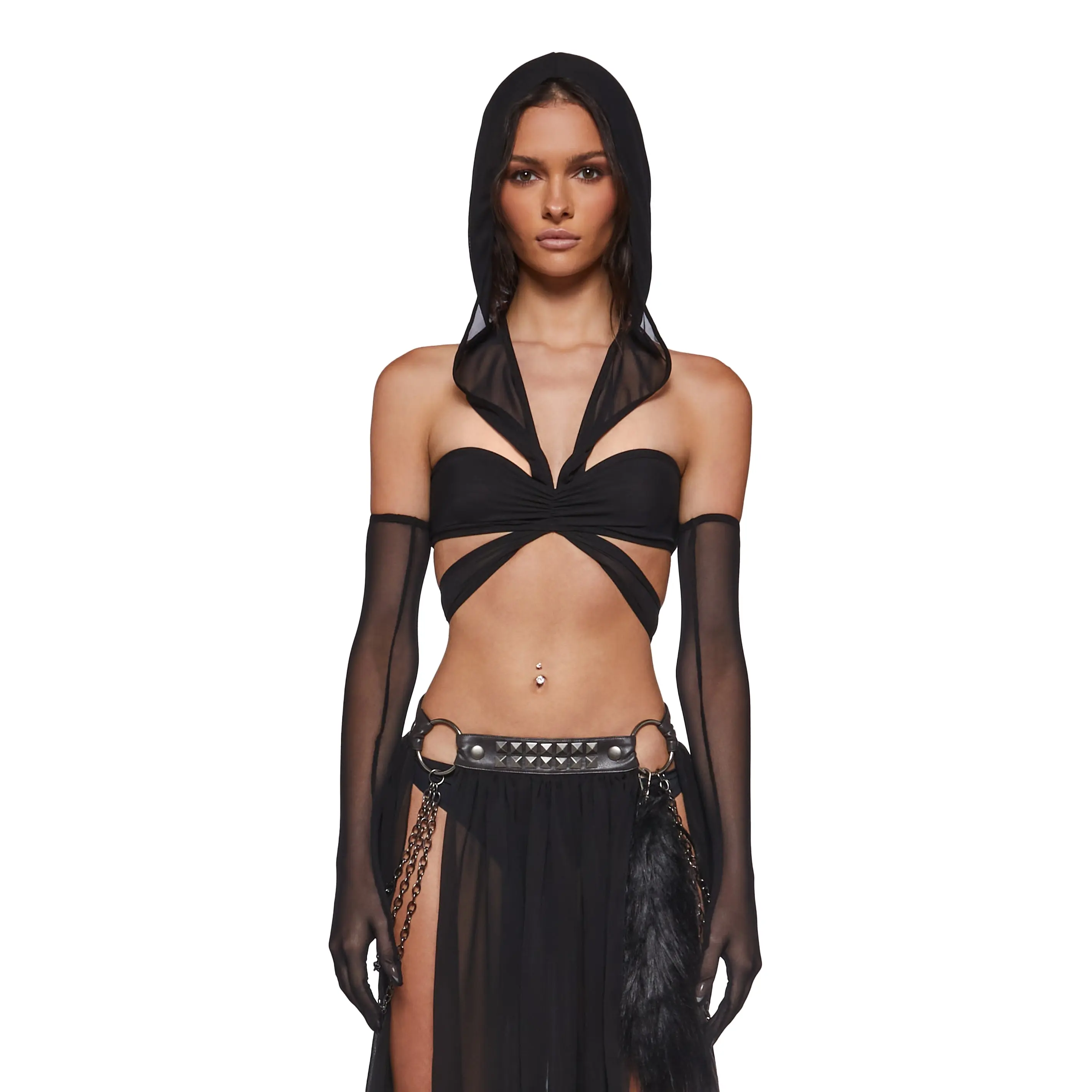 Dark Goddess Hooded Mesh Wrap Top with Gloves