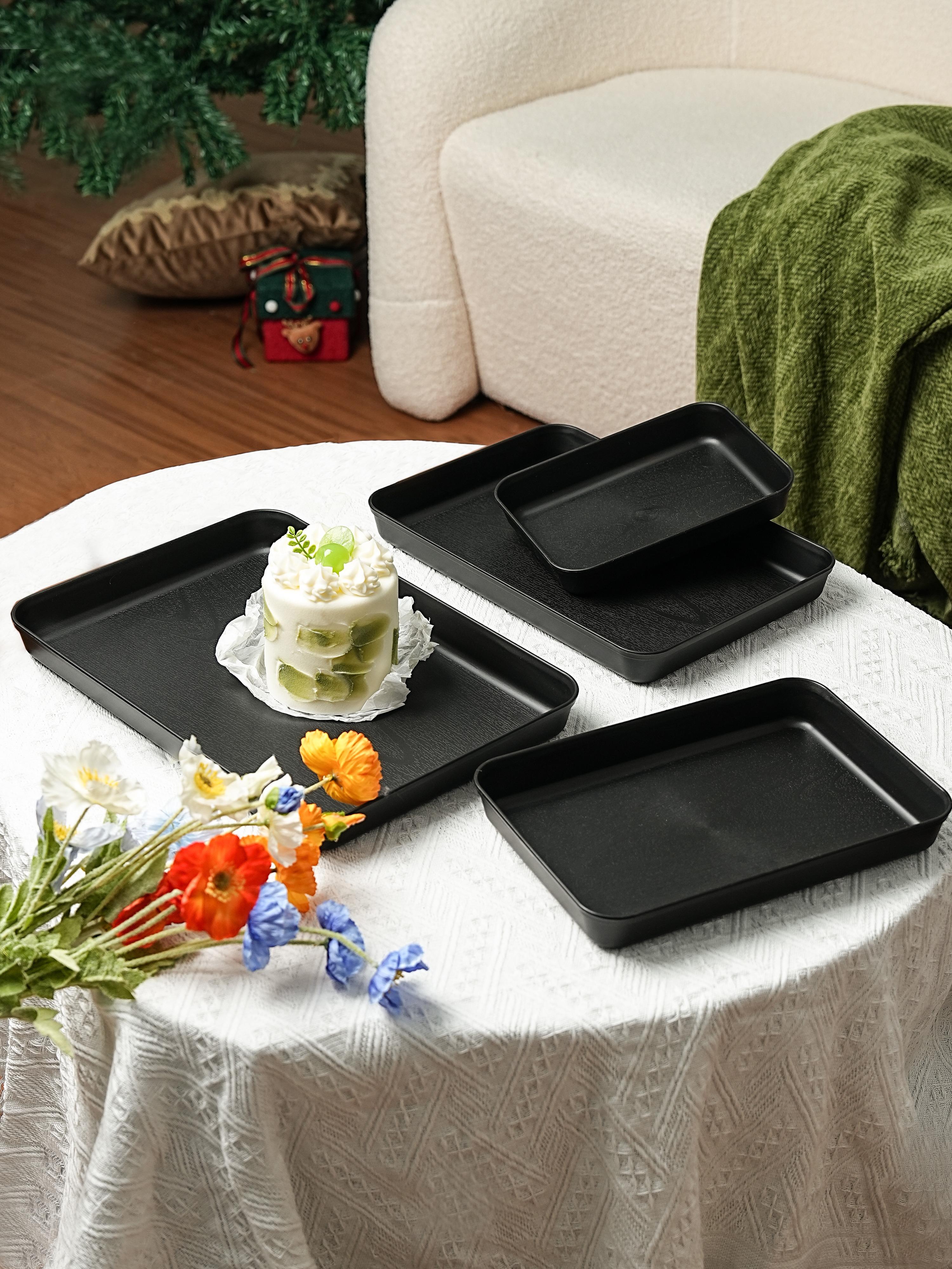Reusable PP Plastic Serving Trays Ideal for cookies, appetizers, deli foods, snacks, desserts and fruits. Perfect for party food presentation; stackable design for kitchen countertop use. Available in multiple sizes and colors.