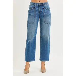 RISEN 4 Way Stretch Mid Rise Barrel Jeans with Patch Pocket Detail