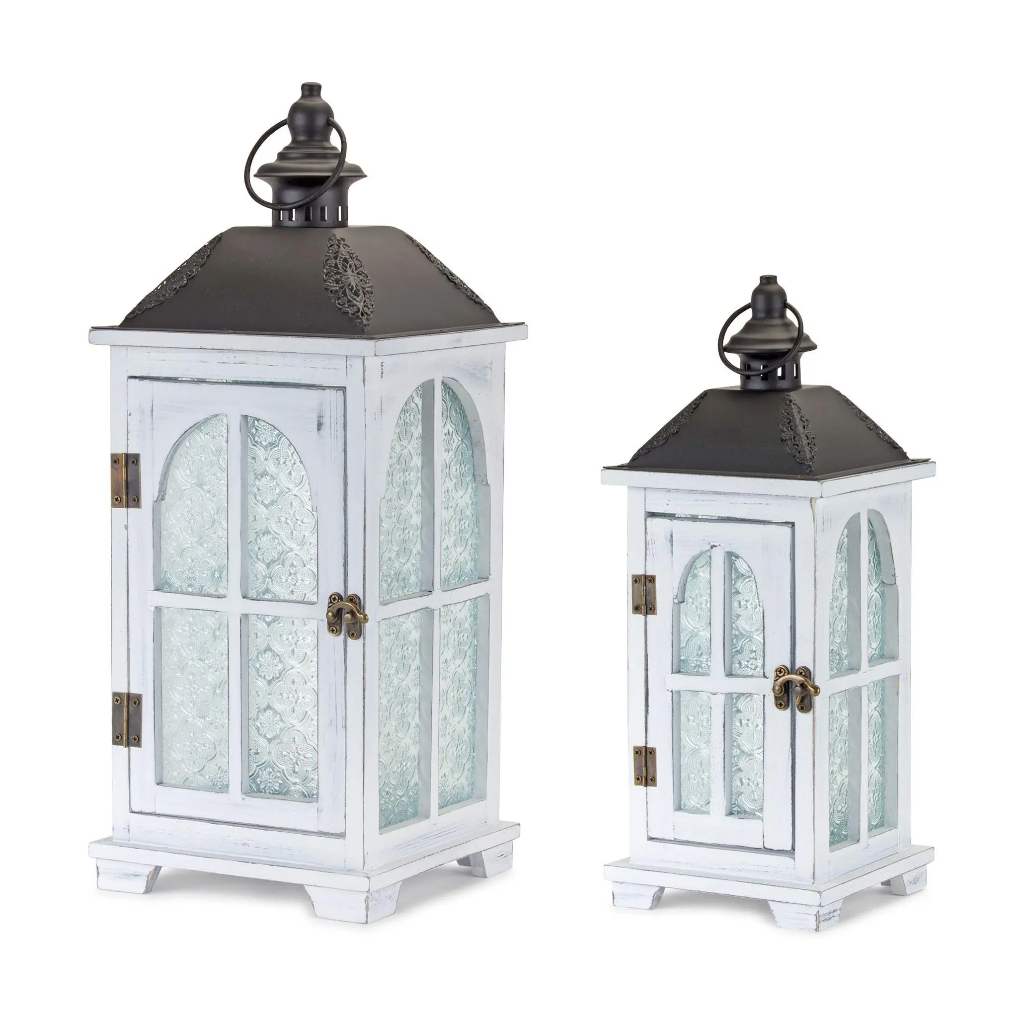 Melrose White Wood Lantern w/Ornate Patterned Panes (S/2)