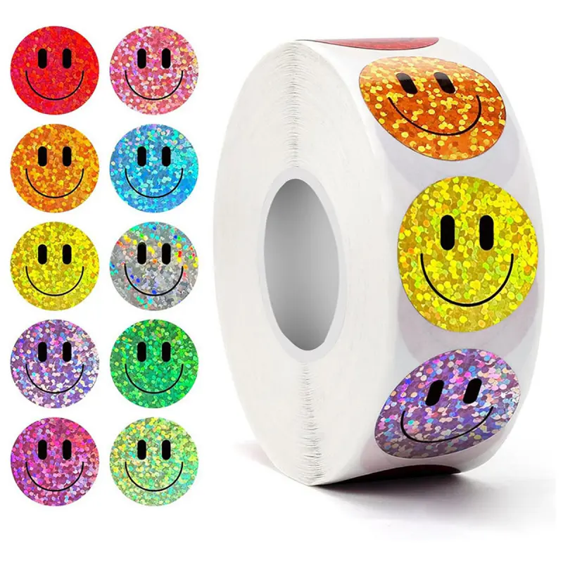 500PCS Smiling Glitter Star Smiley Face Stickers Colorful Sparkling Foil Happy Motivational Student Award Stickers Cute Stationery Supplies
