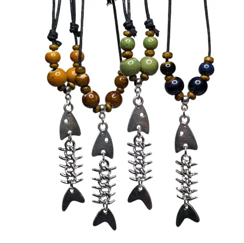 Dangling Fish Skeleton Sardine Charm Ceramic Beaded Boho Hippie Whimsical Adjustable Black Rope Cord Choker Stacking Necklace