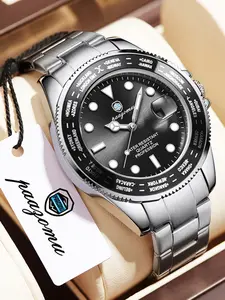 Paazomu Men's Diver Quartz Watch, Stainless Steel Band, Waterproof, World Time, Date Display, Stylish Wristwatch for Men