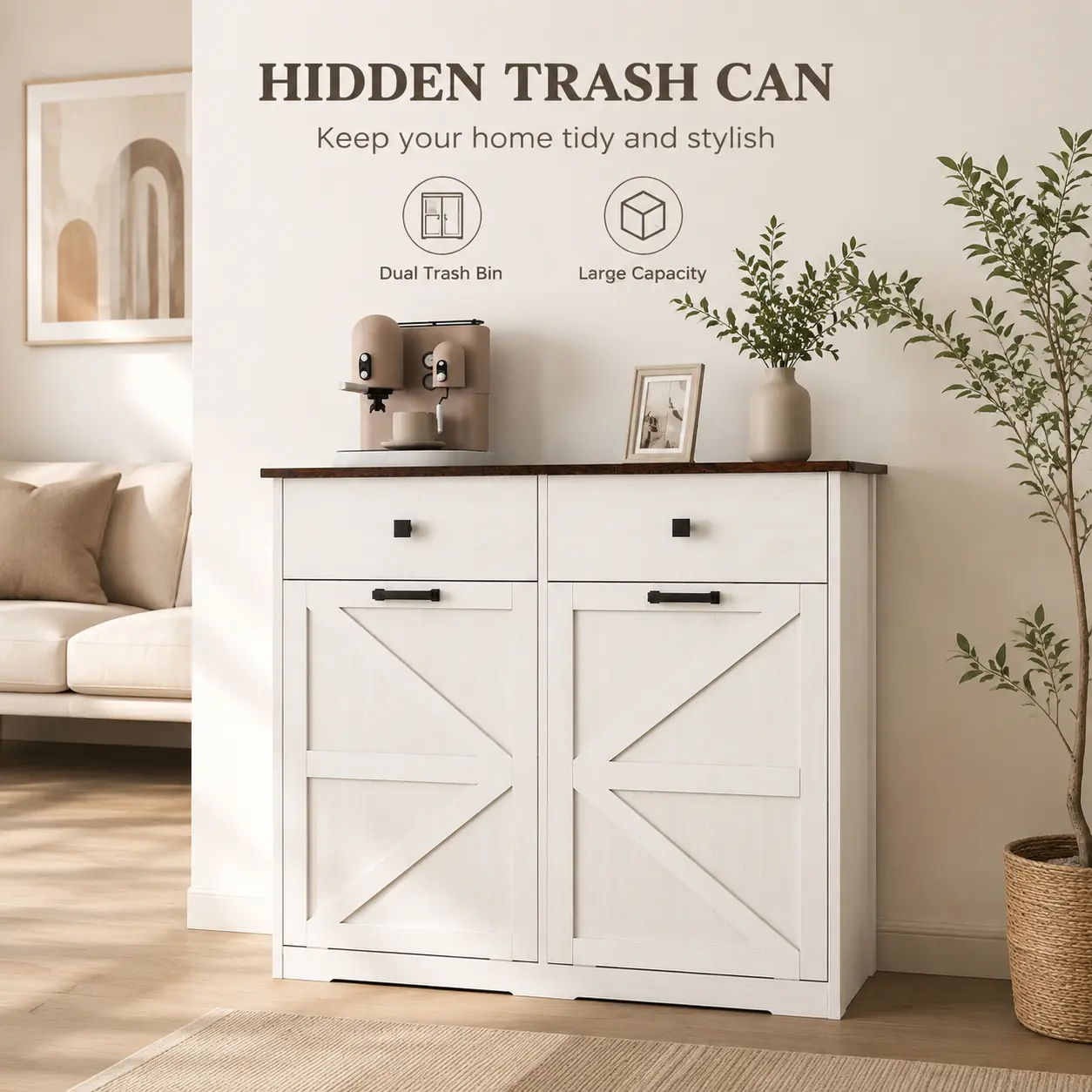 littleox Farmhouse Double Tilt Out Trash Cabinet for 20 Gallon Trash Cans, Free Standing Recycling Cabinet with Hideaway Drawer, Barn Door Style Laundry Sorter Cabinet, Tilt Out Trash Cabinet for Kitchen