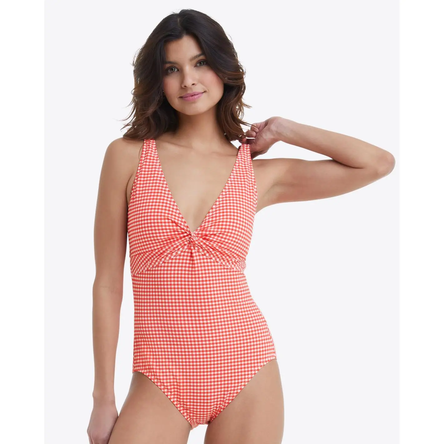 Twist Front One Piece Swimsuit in Red Gingham