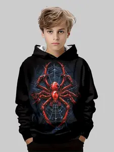 Boys' Spider Print Hoodie, Trendy Casual Sweatshirt for Kids, Daily Wear for Autumn & Winter, Cool Fun Design for Boys, Graphic Casual Hoodie