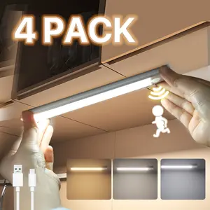 Under Cabinet Lighting Rechargeable Magnetic,LED Motion Sensor Light Indoor Battery Operated 3 Color Dimmable,Wireless Closet Lights for Kitchen Counter Stairs,2/4 Pack