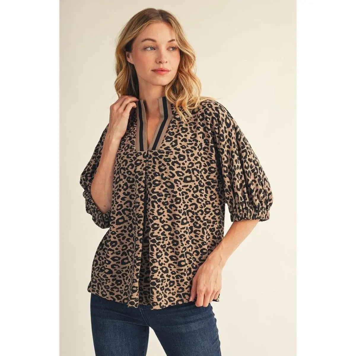 Jodifl Women's Stretchy Spandex Fabric Statement Blouse - Leopard Print, Color Band Trim Neckline, Half Sleeves, Blouses, Piece, Style, Animal Print, Blouse Shirt
