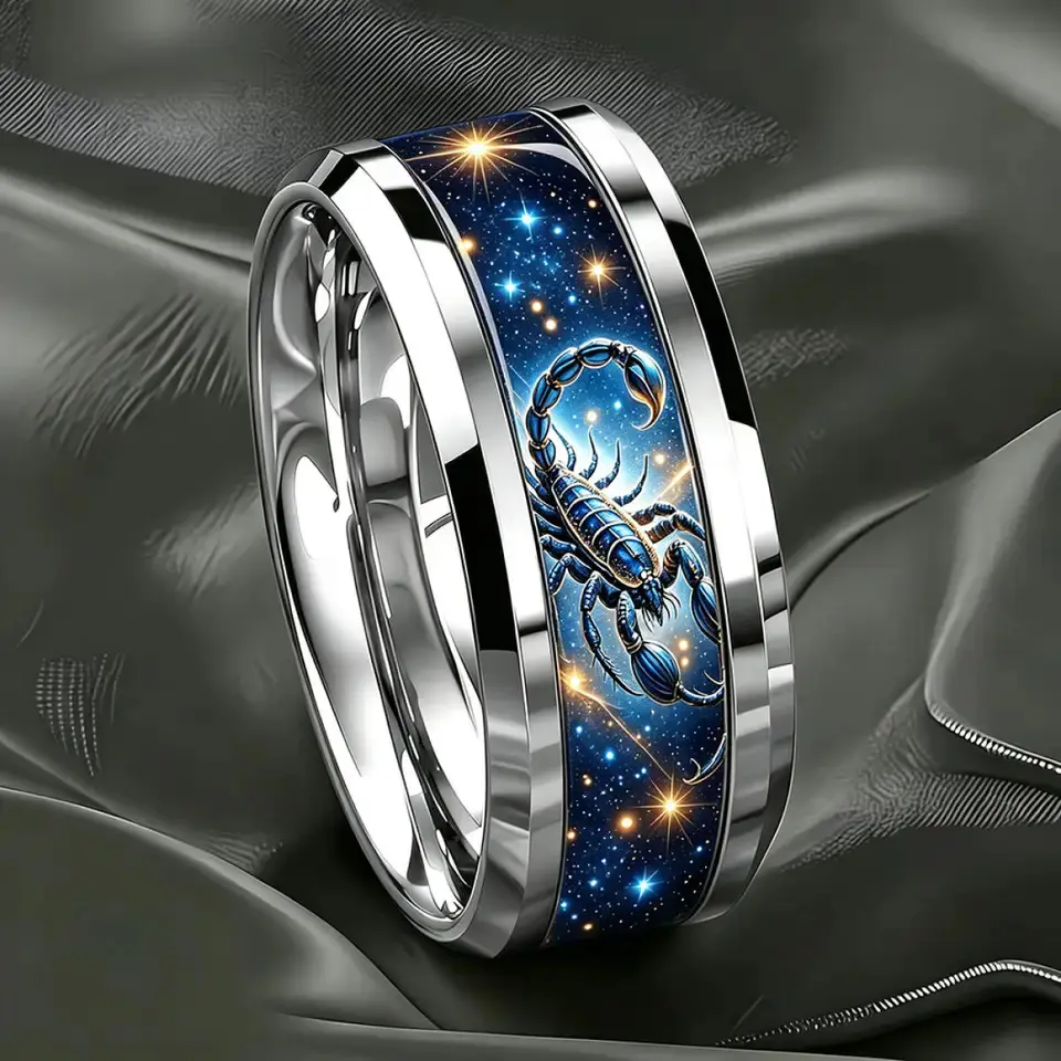 Vintage Astrology Scorpio Zodiac Inlay Ring Unique Starry Sky Stainless Steel Rings for Men Women Wedding Party Jewelry Gift