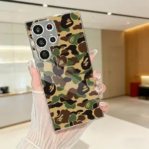 Luxury Bape Phone Case Luxury Electroplated Metal Frame Case for Samsung Galaxy S25 S24 S23 Ultra, Mirror Tempered Glass Back, Slim Shockproof Anti-Scratch Protective Cover, Matte Finish, Camera Protection, Premium Feel