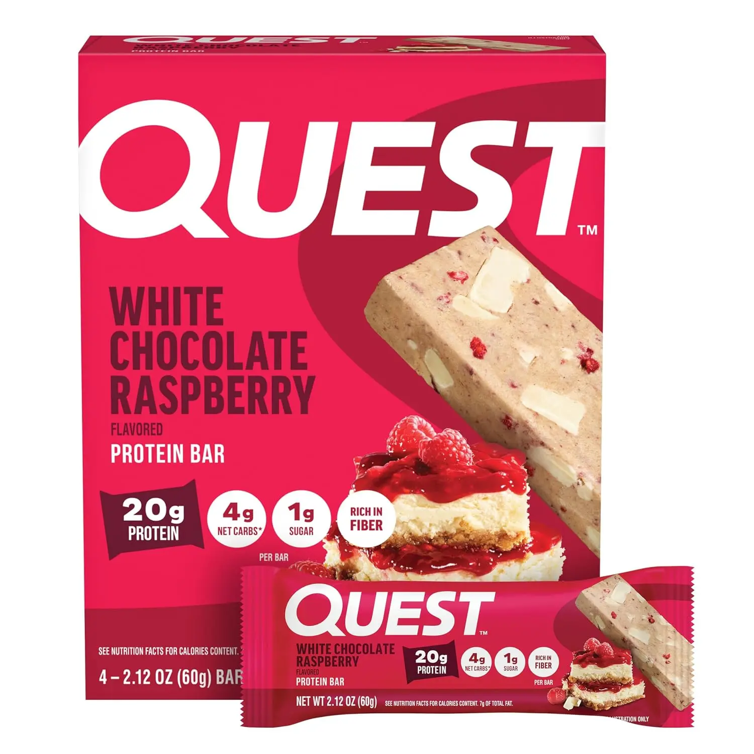 Quest Nutrition White Chocolate Raspberry Protein Bars, 4 Count | 20g Protein, 12g Fiber, 4g Net Carbs, 1g Sugar, Gluten Free, Soft and Chewy, High Quality Protein, Individual 2.12oz Bars