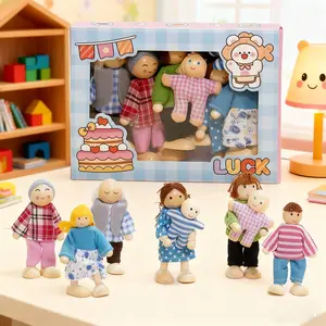 8-Piece Wooden Dollhouse Set, Jointed Toy Figures Dress Up Dolls for Family Role-Playing, Cute Boy & Girl Dolls, Living Room Bedroom Decor, Birthday Gift