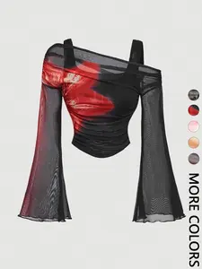 Women's Long Sleeve T-Shirt, Asymmetrical Shoulder Design Slim Fit Casual Top, Fall & Winter Fashion, Moderate Knit Fabric, Knitwear, Comfortable Wear, Chic