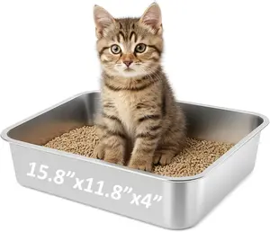 Petinstinct Stainless Steel Cat Litter Box, Metal Litter Box for Small Big Cats, Odor Free Kitty Litter Tray, Anti-Leakage, Non Sticky Litter Pan, Easy to Clean