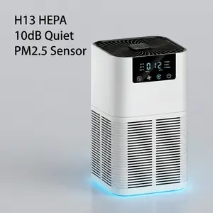 Compact air purifier with composite filter, smoke purification, negative ion & PM2.5 display, air quality sensor. Fits bedroom, small room and pet area. Built-in filter, four-side air intake, aromatherapy sponge, 24dB ultra quiet.