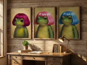 "Funny Weirdcore Frog Canvas Art Prints - Set of Colored Wig Toads with Bob & Curl Haircuts - Whimsical Suit Jacket Frog Vintage Portrait Posters - Cute Meme Gift for Bestie Coworker"