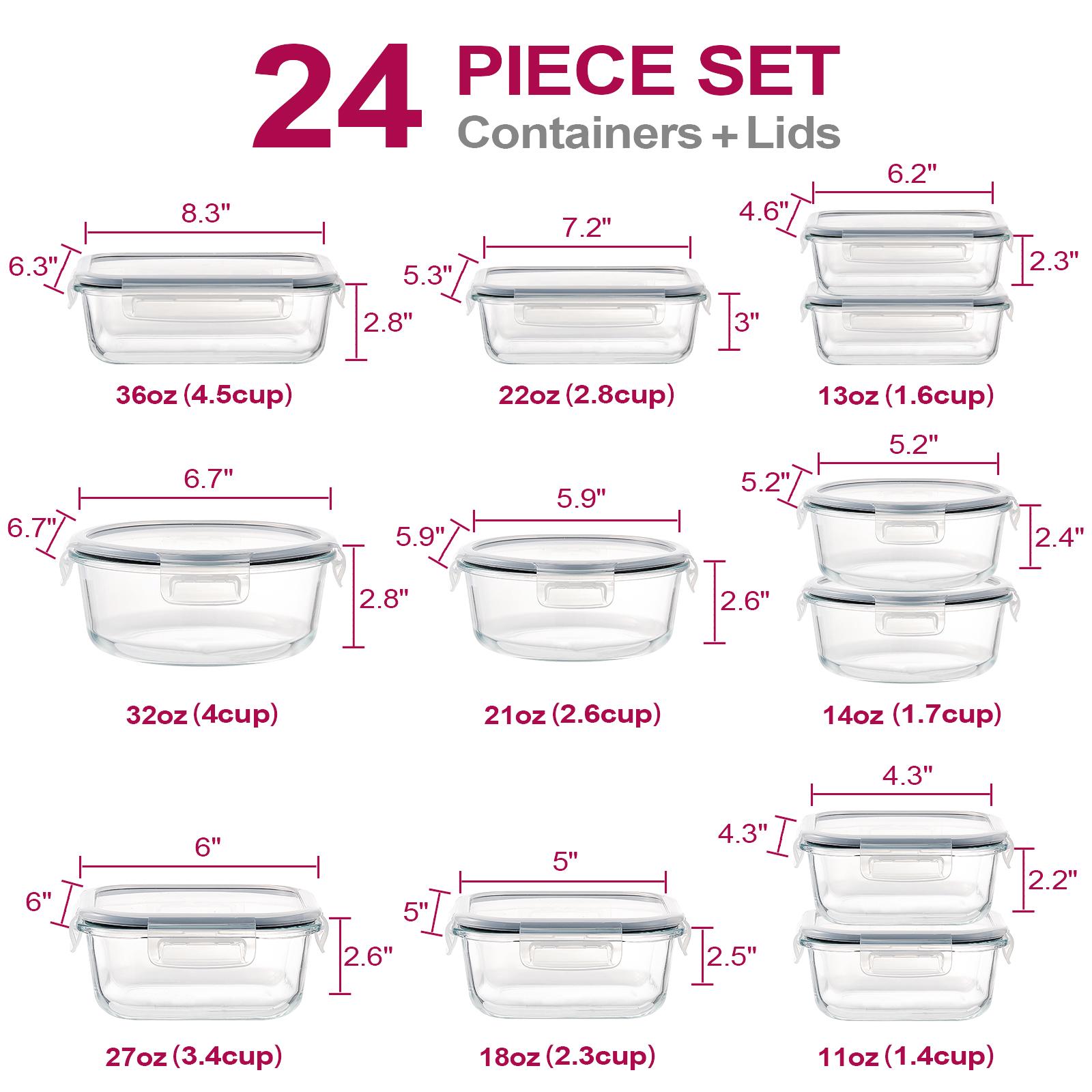 18-Pack Multi-Size Glass Food Storage Containers, 6 Sizes Square&Rectangle, Airtight Leakproof, Oven/Microwave/Freezer Safe (BPA-Free)