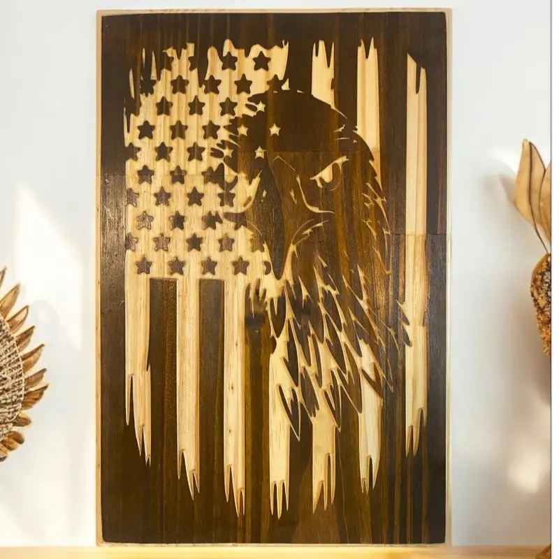 Eagle Tattered U.S. Flag Wooden Hangable 18x12 Plaque for Home Decoration with American Flag Design and Natural Wood Finish