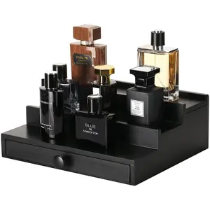 Black Wooden Cologne Organizer for Men - 3 Tier Wooden Perfume Display Stand with Drawer and Hidden Compartment for Organizing and Storing, Cologne Holder Shelf for Dresser