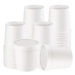 Unicup 25sets  White Paper Soup Containers with Lids, Hot or Cold Disposable Restaurant Food Containers Pack Cream