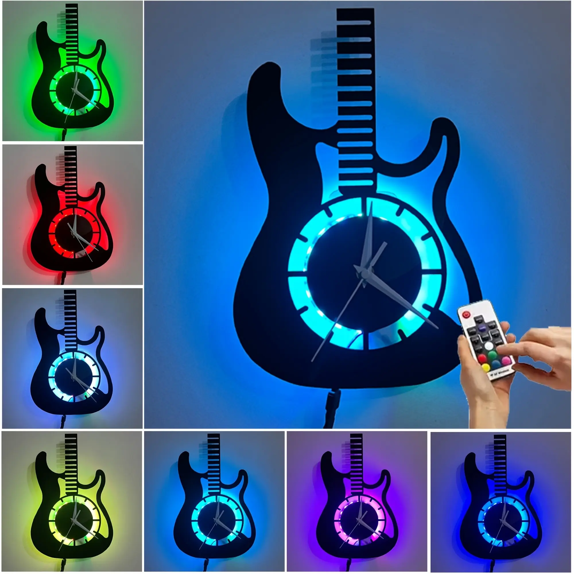 Guitar Shaped LED Vinyl Record Wall Clock with Remote Control, Seven Color Changing Modes, Mechanical Movement Music Theme Clock, Creative Decorative Clock