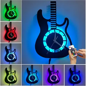 Guitar Shaped LED Vinyl Record Wall Clock with Remote Control, Seven Color Changing Modes, Mechanical Movement Music Theme Clock, Creative Decorative Clock
