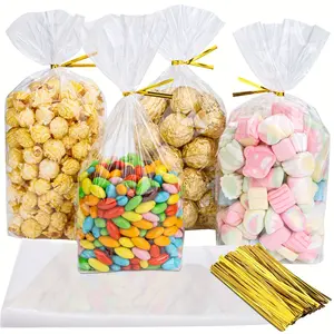 100 Transparent Plastic Flat Bags with 100 Straps, Perfect for Party Packs, Parties, Gifts, Gift Wrapping, Candy, Cookies, Popcorn Packaging, Desserts, Bakery Use