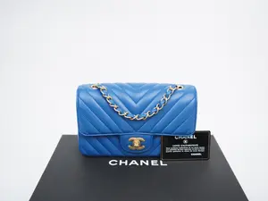 Pre-owned CHANEL lambskin Crossbody Bags Chevron Quilted Mini Rectangular Flap Blue