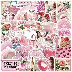 50Pcs Coquette Pink Aesthetic Stickers - Vintage Rose Heart Swan Flower Vinyl Stickers for Water Bottles, Laptops, Phone Cases and Scrapbooking