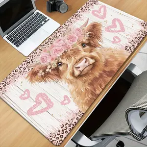1pc Large Scottish Highland Cow Desk Mat with Pink Flowers & Hearts - XXL Non-Slip Rubber Base Mouse Pad Suitable for Office, Gaming, Computer Desk - Cute Scottish Cow