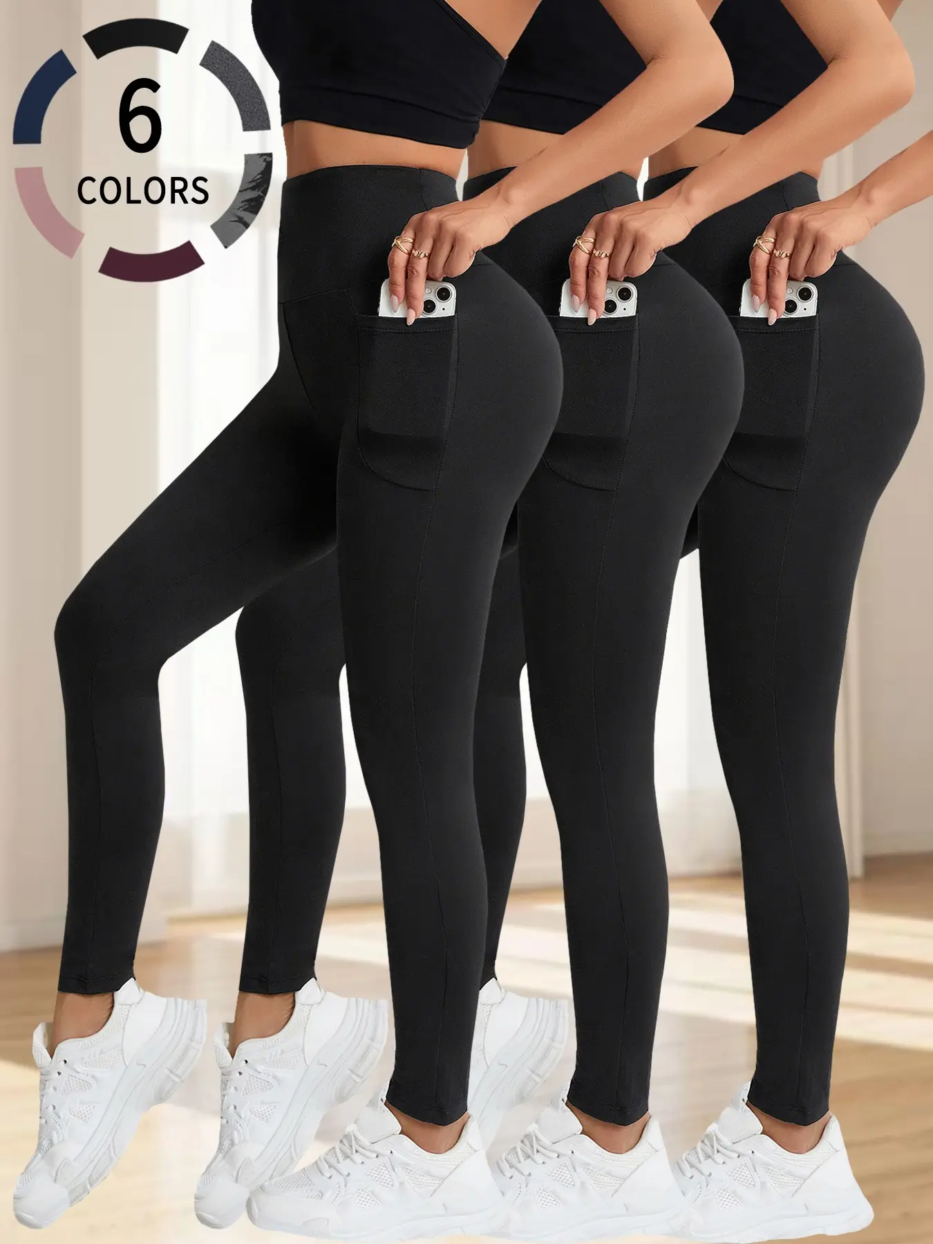 3 Pack Women’s Super Soft Gym Workout Leggings with Pockets, High Waisted Tummy Control Yoga Pants, Sporty Plain Trousers for All Seasons, Sports Stretchy Leggings, Activewear Bottoms